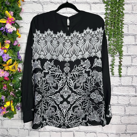 °BCBGMaxAzria Black Printed Long Sleeve Keyhole Cutout Blouse Size Large - Picture 9 of 15